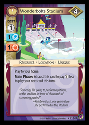 Size: 358x500 | Tagged: safe, enterplay, caramel, parasol, rainbow dash, soarin', pegasus, pony, g4, marks in time, my little pony collectible card game, rarity investigates, card, ccg, female, male, mare, merchandise, quote, stadium, stallion, wonderbolts, wonderbolts stadium