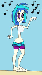 Size: 955x1681 | Tagged: safe, artist:hunterxcolleen, dj pon-3, vinyl scratch, human, equestria girls, g4, 1000 hours in ms paint, beach, belly button, bikini, clothes, dancing, feet, female, humanized, ms paint, music, music notes, shorts, skirt, solo, swimsuit