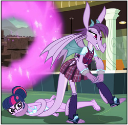 Size: 850x834 | Tagged: safe, artist:ponymaan, prominence, sci-twi, twilight sparkle, dragon, human, equestria girls, g4, gauntlet of fire, my little pony equestria girls: friendship games, assisted exposure, bra, breasts, clothes, clothes fetish, clothes swap, clothing theft, crystal prep academy uniform, dragons wearing human clothes, dragons with a human clothes fetish, female, fetish, how do you do fellow humans, how do you do fellow kids, interspecies, molestation, not what i was expecting, panties, paper-thin disguise, prehensile tail, school uniform, school uniform fetish, show accurate, square crossover, tail, thief, torn clothes, underwear, wearing human clothes, white underwear