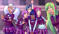 Size: 2200x1287 | Tagged: safe, artist:emberfan11, indigo zap, lemon zest, sci-twi, sour sweet, sugarcoat, sunny flare, twilight sparkle, equestria girls, g4, my little pony equestria girls: friendship games, clothes, crystal prep academy uniform, dark skin, school uniform, shadow five, shadow six