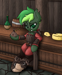 Size: 1280x1535 | Tagged: safe, artist:elppa, oc, oc only, oc:jaded nights, bat pony, pony, alcohol, cheese, clothes, costume, crossover, food, green eyes, rogue, skyrim, solo, tavern, the elder scrolls, wine