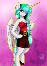 Size: 1065x1500 | Tagged: safe, artist:blackdark143, princess celestia, alicorn, semi-anthro, g4, arm hooves, braid, braided tail, clothes, female, shorts, solo