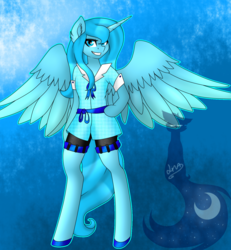 Size: 1325x1432 | Tagged: safe, artist:blackdark143, princess luna, alicorn, semi-anthro, g4, arm hooves, clothes, ear fluff, female, grin, s1 luna, shirt, shorts, solo, spread wings