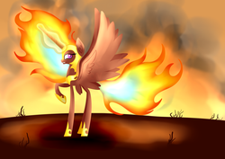 Size: 1024x726 | Tagged: safe, artist:princessfaeron, nightmare star, princess celestia, alicorn, pony, g4, female, mane of fire, raised hoof, solo, tail, tail of fire