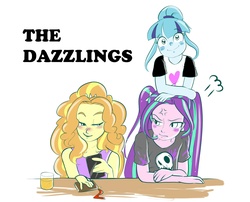 Size: 2100x1700 | Tagged: safe, artist:amazingpuffhair, adagio dazzle, aria blaze, sonata dusk, equestria girls, g4, blushing, clothes, cross-popping veins, cute, female, looking at you, notebook, simple background, smiling, the dazzlings, trio, white background