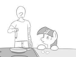 Size: 1024x768 | Tagged: safe, artist:vulapa, twilight sparkle, oc, oc:anon, human, pony, g4, bandage, cute, cyoa, cyoa:life in ponyville, egg (food), food, kitchen, monochrome, story included, stove, tongue out
