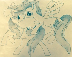 Size: 1004x796 | Tagged: safe, artist:pintopony246, braeburn, spitfire, g4, female, male, monochrome, shipping, spitburn, straight