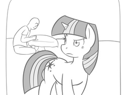 Size: 1024x768 | Tagged: safe, artist:vulapa, twilight sparkle, human, pony, g4, confused, cyoa, cyoa:life in ponyville, frown, monochrome, smirk, story included, table