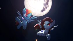 Size: 6000x3375 | Tagged: safe, artist:anonymous, rainbow dash, oc, oc:linormusicbeat, pegasus, pony, g4, 3d, absurd resolution, cute, dashabetes, female, flying, mare, moon, night, source filmmaker