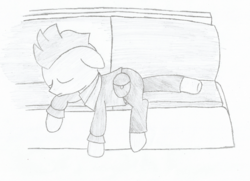 Size: 1200x867 | Tagged: safe, artist:crtical hit, oc, oc only, oc:list, earth pony, pony, fallout equestria, booth, fallout, monochrome, sleeping, solo, traditional art