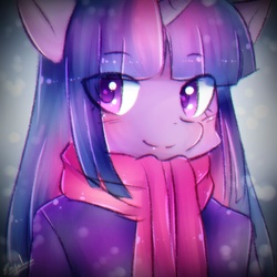 Size: 1024x1024 | Tagged: safe, artist:enyelita, twilight sparkle, anthro, g4, clothes, female, hime cut, scarf, signature, solo