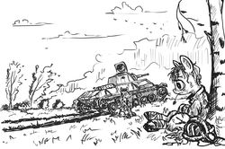 Size: 1280x848 | Tagged: safe, artist:agm, earth pony, pony, military, monochrome, t-70, tank (vehicle), thousand yard stare