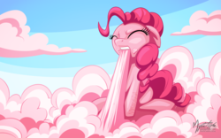 Size: 2560x1600 | Tagged: safe, artist:mysticalpha, pinkie pie, earth pony, pony, cloud, cotton candy, cotton candy cloud, cute, diapinkes, eating, eyes closed, female, food, mare, solo