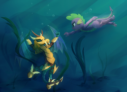 Size: 1656x1200 | Tagged: safe, artist:scootiebloom, princess ember, spike, dragon, g4, gauntlet of fire, asphyxiation, dragon armor, drowning, rescue, scene interpretation, swimming, underwater