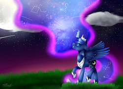 Size: 1024x745 | Tagged: safe, artist:cloud-drawings, princess luna, g4, eyes closed, female, grin, magic, moon, night, solo, spread wings, twilight (astronomy)