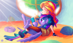 Size: 1920x1136 | Tagged: safe, artist:halem1991, sunset shimmer, twilight sparkle, alicorn, pony, equestria girls, g4, airbrush, beach, book, boop, clothes, crepuscular rays, cute, duo, eyes closed, fingerless gloves, gloves, halem1991 is trying to murder us, nose wrinkle, ocean, painting, reading, shimmerbetes, signature, sitting on person, smiling, sunlight, twiabetes, twilight sparkle (alicorn), twilight sparkle is not amused, unamused