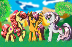 Size: 4950x3240 | Tagged: safe, artist:fairysearch, apple bloom, scootaloo, sweetie belle, earth pony, pegasus, pony, unicorn, g4, backwards cutie mark, bow, cutie mark, cutie mark crusaders, female, grass, grass field, hair bow, mare, older, spread wings, the cmc's cutie marks, tree, wings