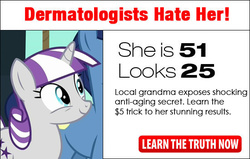 Size: 550x350 | Tagged: safe, edit, edited screencap, screencap, night light, twilight velvet, pony, unicorn, g4, the crystalling, advertisement, age, clickbait, dad, dermatologists hate her, dollar sign, dollars, female, gilf, grandmother, male, mare, meme, meta, mom, mother and father, solo focus, stallion