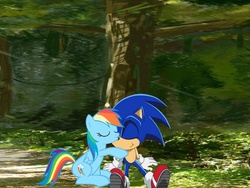 Size: 960x720 | Tagged: safe, artist:kaiamurosesei, rainbow dash, g4, crossover, female, forest, interspecies, kissing, male, shipping, sonic the hedgehog, sonic the hedgehog (series), sonicdash, straight