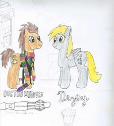 Size: 1024x1132 | Tagged: safe, artist:superiorspider-pup45, derpy hooves, doctor whooves, time turner, pegasus, pony, g4, clothes, doctor who, female, male, mare, scarf, ship:doctorderpy, shipping, sketch, sonic screwdriver, straight, tardis