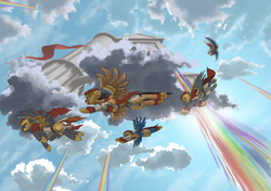 Size: 2500x1758 | Tagged: safe, artist:doomsp0rk, pegasus, pony, armor, cloud, flying, helmet, low angle, nightfall in equestria, rainbow, rainbow waterfall, wing armor