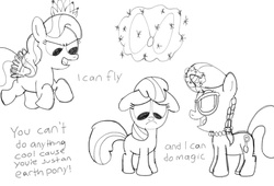 Size: 1799x1224 | Tagged: safe, artist:pepsi twist, apple bloom, diamond tiara, silver spoon, earth pony, pegasus, pony, unicorn, g4, abuse, accessory theft, alternate universe, applebuse, bully, bullying, female, filly, flying, glasses, glowing horn, horn, jewelry, magic, monochrome, mud pony, necklace, out of character, pegasus master race, race swap, racism, simple background, telekinesis, trio, unicorn master race, white background
