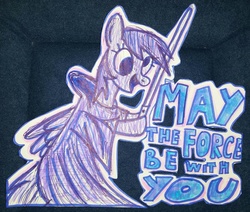 Size: 1081x918 | Tagged: safe, artist:maytheforcebewithyou, derpy hooves, pegasus, pony, g4, crossover, female, lightsaber, mare, solo, star wars, traditional art, weapon
