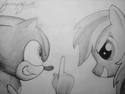 Size: 1600x1200 | Tagged: safe, artist:thewolfheart89, rainbow dash, g4, crossover, male, monochrome, sonic the hedgehog, sonic the hedgehog (series), traditional art
