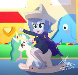 Size: 2556x2464 | Tagged: safe, artist:bluse, princess celestia, princess luna, vice principal luna, equestria girls, g4, clothes, cute, dress, female, hat, high res, lunabetes, paper hat, rocking horse, show accurate, solo, woona, younger