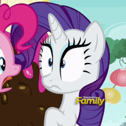Size: 476x476 | Tagged: safe, screencap, pinkie pie, rarity, g4, the gift of the maud pie, animated, discovery family logo, female, solo focus