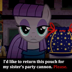 Size: 400x400 | Tagged: safe, edit, screencap, maud pie, winning goal, g4, the gift of the maud pie, animated, caption, death stare, female, imminent death, male, pouch, red eyes, rock pouch, subtitles