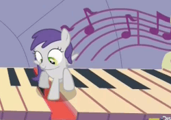 Size: 473x331 | Tagged: safe, screencap, tornado bolt, pegasus, pony, g4, the gift of the maud pie, animated, background pony, big (movie), cute, discovery family logo, eyes closed, female, filly, happy, musical instrument, open mouth, piano, smiling, stomping, theme song, tornadorable