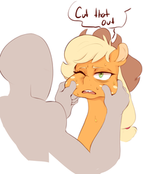 Size: 892x1090 | Tagged: safe, artist:sundown, applejack, earth pony, human, pony, g4, cheek pinch, dialogue, female, freckles, hat, mare, open mouth, simple background, speech bubble, squishy cheeks, sweat, white background