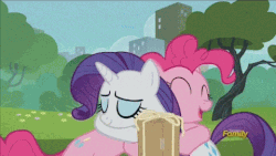 Size: 480x270 | Tagged: safe, screencap, pinkie pie, rarity, g4, the gift of the maud pie, animated, discovery family logo, female, gtfo, hug, pushing, shove