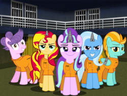 Size: 3000x2250 | Tagged: safe, artist:spellboundcanvas, lightning dust, starlight glimmer, sunset shimmer, suri polomare, trixie, pony, unicorn, g4, clothes, counterparts, female, grin, high res, horn, horn cap, jumpsuit, magic suppression, orange is the new black, prison, prison outfit, prisoner, prisoner sg, prisoner tx, psycho