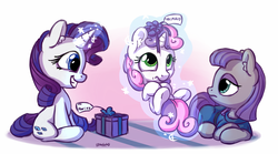 Size: 1800x1000 | Tagged: safe, artist:bobdude0, maud pie, rarity, sweetie belle, earth pony, pony, unicorn, g4, the gift of the maud pie, clothes, cute, diasweetes, female, filly, magic, mare, maudabetes, present, raribetes, sisters, smiling