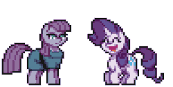 Size: 388x196 | Tagged: safe, artist:mrponiator, maud pie, rarity, earth pony, pony, unicorn, g4, season 6, the gift of the maud pie, animated, behaving like pinkie pie, clothes, eyes closed, female, jumping, mare, open mouth, pixel art, pronking, simple background, smiling, transparent background
