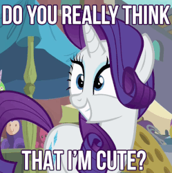 Size: 462x463 | Tagged: safe, edit, screencap, rarity, g4, the gift of the maud pie, animated, blinking, bronybait, cute, female, grin, image macro, meme, raribetes, text