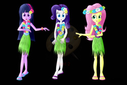 Size: 1024x690 | Tagged: safe, artist:dieart77, artist:julieaignerclarkfan, color edit, edit, fluttershy, rarity, twilight sparkle, equestria girls, g4, black background, clothes, colored, feet, flower, flower in hair, grass skirt, hawaiian flower in hair, hula, hula dance, hulalight, hularity, hulashy, hypnosis, lei, sandals, simple background, skirt, watermark