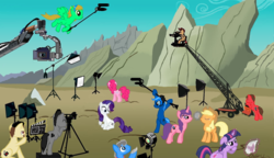 Size: 1996x1153 | Tagged: safe, artist:oinktweetstudios, applejack, pinkie pie, rarity, twilight sparkle, oc, alicorn, pony, g4, alternate cutie mark, animated actors, behind the scenes, bipedal, camera, clapperboard, dolly camera, drama queen, equal cutie mark, female, focus, mare, twilight sparkle (alicorn)