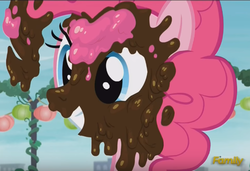 Size: 643x439 | Tagged: safe, screencap, pinkie pie, g4, the gift of the maud pie, chocolate, discovery family logo, female, food, grin, messy eating, smiling, solo, squee