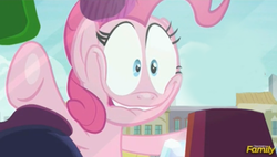 Size: 887x504 | Tagged: safe, edit, edited screencap, screencap, pinkie pie, g4, the gift of the maud pie, against glass, discovery family logo, exploitable, faic, glass, pinkie pie excited meme, template