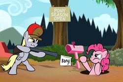 Size: 1500x1000 | Tagged: safe, artist:dan232323, derpy hooves, pinkie pie, g4, bang, bugs bunny, carrot, crossover, downvote bait, eating, elmer fudd, food, gun, hat, herbivore, looney tunes, mailbox, male, parody, rifle, text, weapon