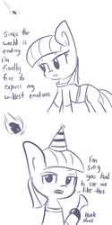 Size: 792x1584 | Tagged: safe, artist:tjpones, maud pie, earth pony, pony, g4, bulb horn, comic, dialogue, end of the world, female, hat, honk honk, horn, imminent death, imminent extinction, looking at you, meteor, monochrome, one last thrill, open mouth, party hard, party hat, simple background, solo, white background