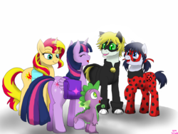 Size: 1024x770 | Tagged: safe, artist:fallenangel5414, spike, sunset shimmer, twilight sparkle, alicorn, pony, unicorn, g4, chat noir, france, miraculous ladybug, paris, ponified, twilight sparkle (alicorn)