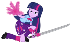 Size: 5000x3000 | Tagged: dead source, safe, artist:razethebeast, twilight sparkle, equestria girls, g4, angry, badass, clothes, female, frown, high res, katana, magic, pleated skirt, simple background, skirt, solo, sword, transparent background, vector, weapon