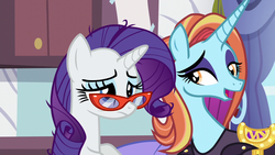 Size: 1280x720 | Tagged: safe, screencap, rarity, sassy saddles, canterlot boutique, g4, glasses, leaning, open mouth, talking