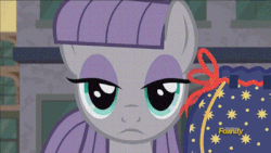 Size: 400x225 | Tagged: safe, edit, edited screencap, screencap, maud pie, g4, the gift of the maud pie, animated, code geass, discovery family logo, female, geass, looking at you, pouch, rock pouch, solo, stare