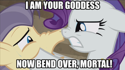 Size: 1280x720 | Tagged: safe, edit, edited screencap, screencap, rarity, street rat, g4, the gift of the maud pie, angry, bend over, caption, goddess, image macro, meme, streetity, this will end in tears