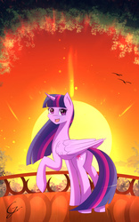 Size: 1200x1920 | Tagged: safe, artist:laptop-pone, twilight sparkle, alicorn, pony, g4, balcony, female, looking at you, looking back, mare, raised hoof, solo, sunset, twilight sparkle (alicorn)